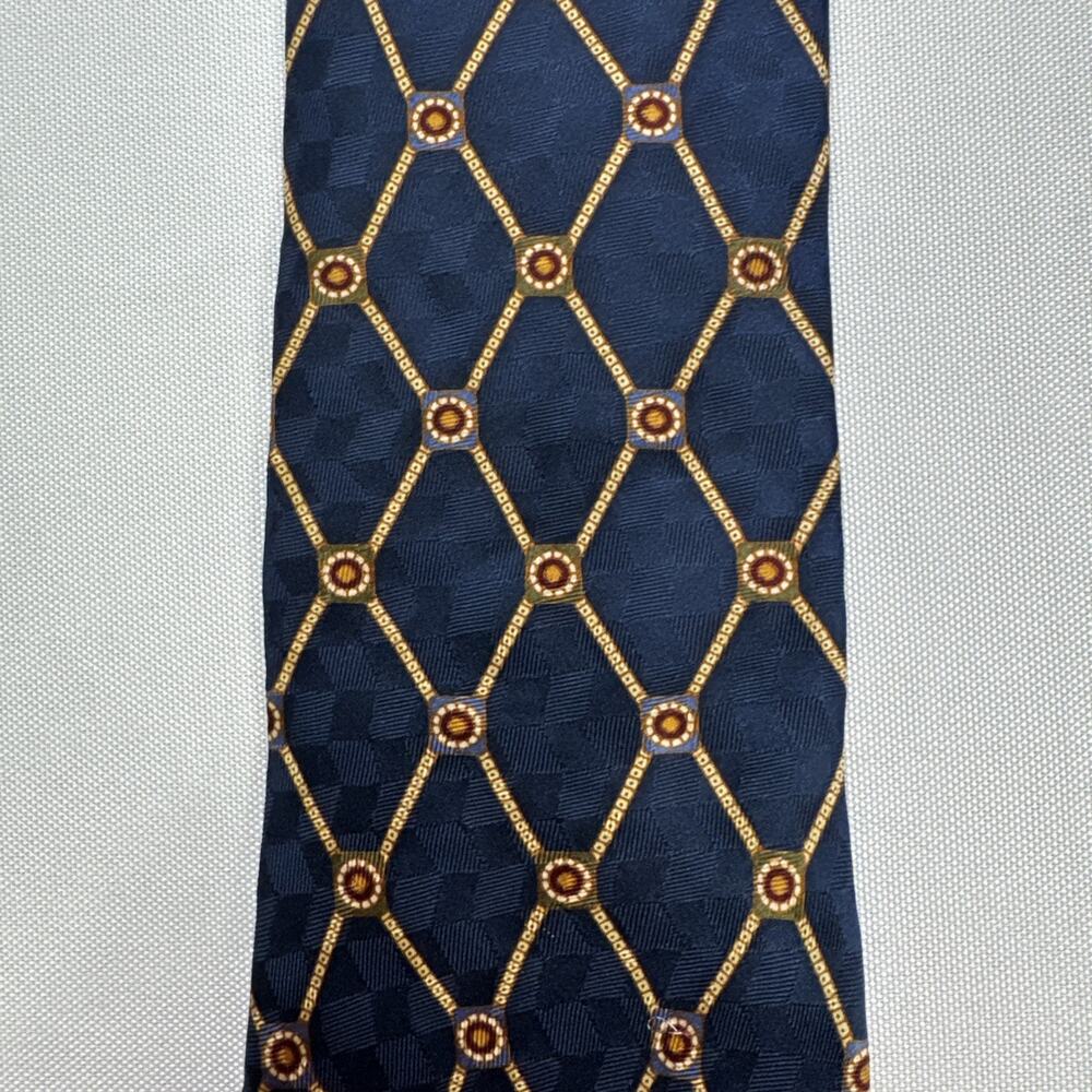 Vintage Nautica 100% Silk Rope Lattice Geometric Necktie Navy Blue Gold USA